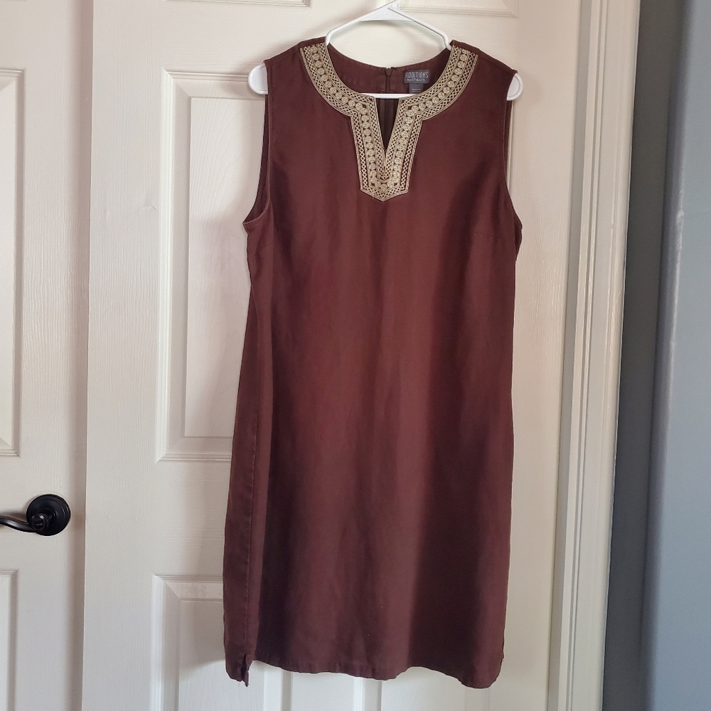 Vintage Y2K Chico's Linen Brown Dress Sleeveless Embroidered Shift Sheath Sz 3